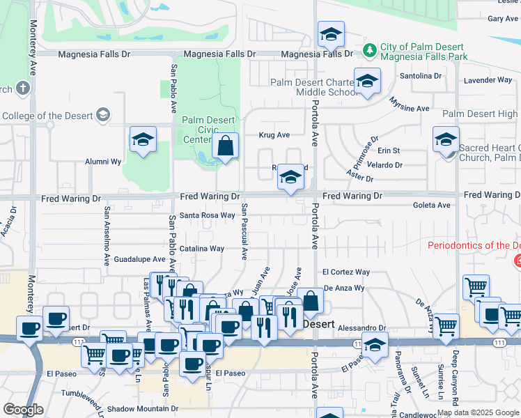map of restaurants, bars, coffee shops, grocery stores, and more near 73810 Santa Rosa Way in Palm Desert
