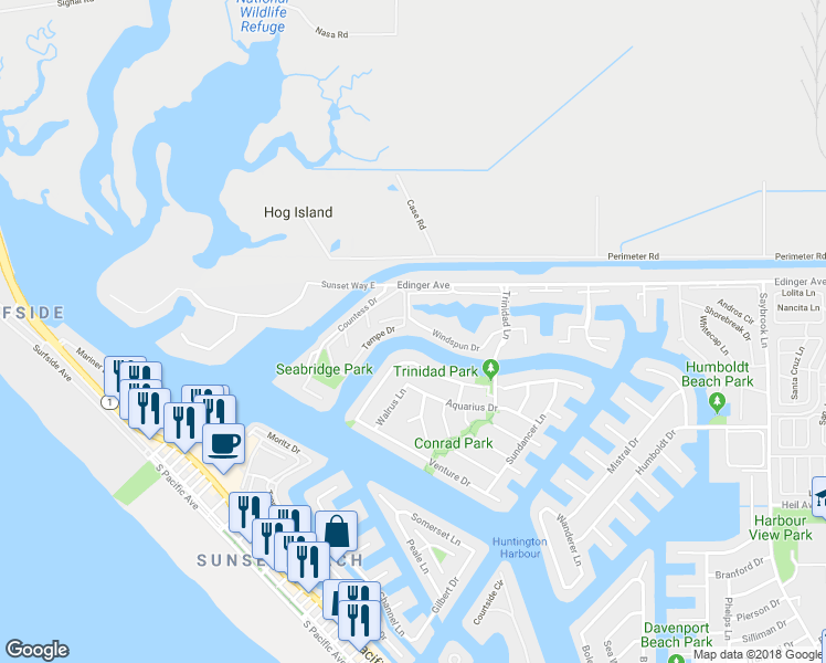 map of restaurants, bars, coffee shops, grocery stores, and more near 3442 Windspun Drive in Huntington Beach