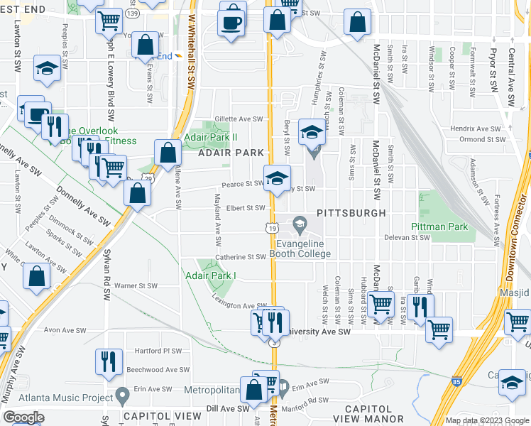 map of restaurants, bars, coffee shops, grocery stores, and more near 1007 Metropolitan Parkway Southwest in Atlanta