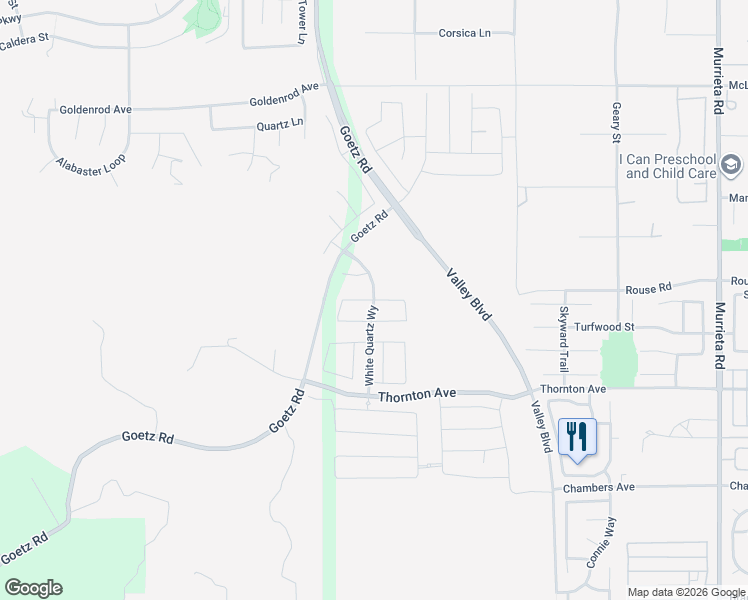 map of restaurants, bars, coffee shops, grocery stores, and more near Zircon Road in Menifee