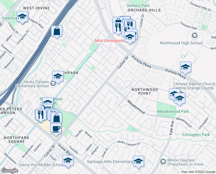 map of restaurants, bars, coffee shops, grocery stores, and more near 42 Clear Creek in Irvine