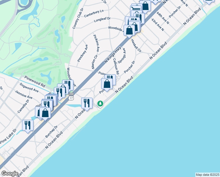 map of restaurants, bars, coffee shops, grocery stores, and more near 1107 North Ocean Boulevard in Myrtle Beach