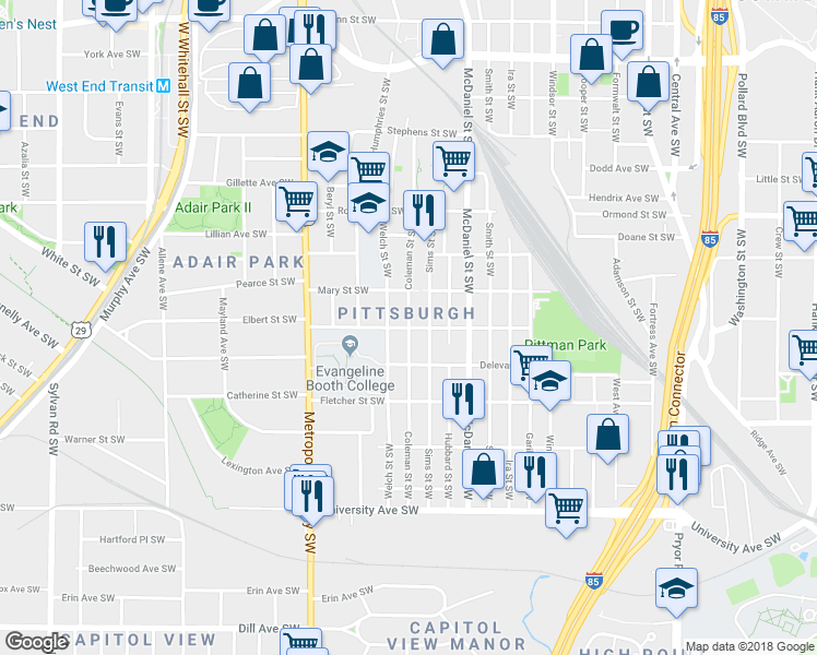 map of restaurants, bars, coffee shops, grocery stores, and more near 977 Coleman Street Southwest in Atlanta
