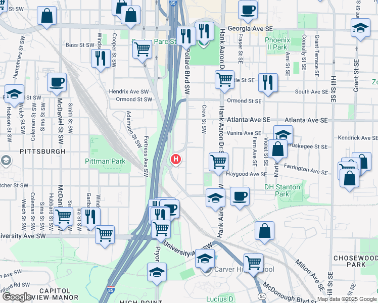 map of restaurants, bars, coffee shops, grocery stores, and more near 1001 Crew Street Southwest in Atlanta