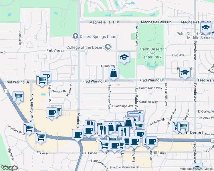 map of restaurants, bars, coffee shops, grocery stores, and more near 73228 Santa Rosa Way in Palm Desert