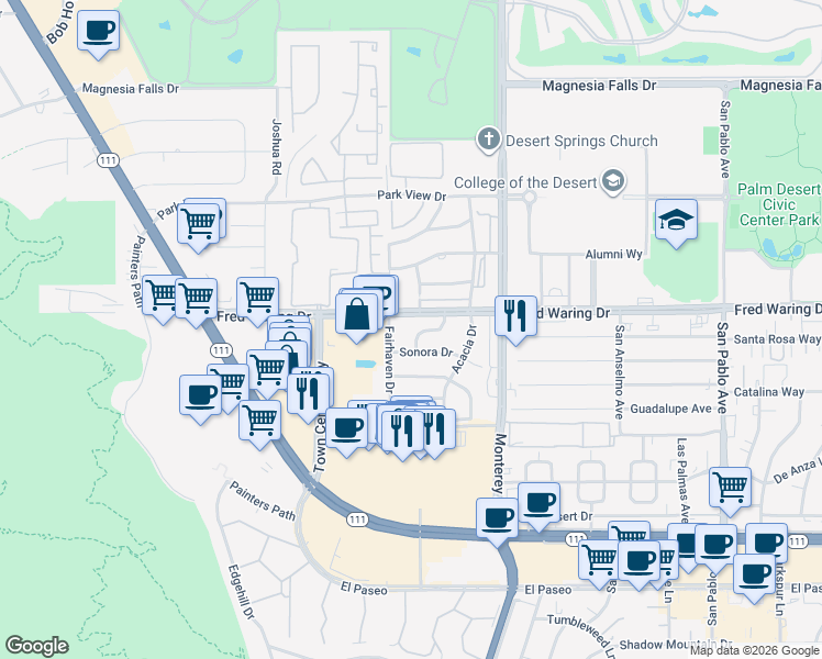 map of restaurants, bars, coffee shops, grocery stores, and more near 72855 Fred Waring Drive in Palm Desert