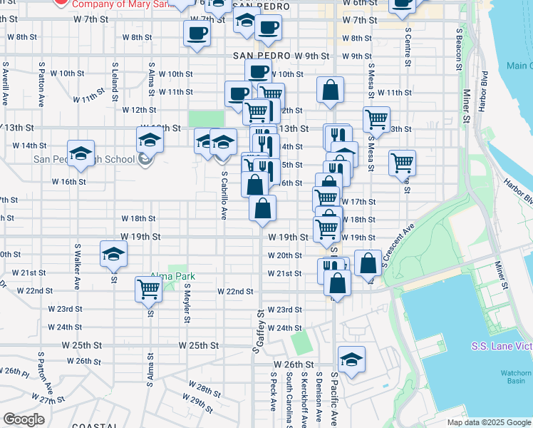 map of restaurants, bars, coffee shops, grocery stores, and more near 684 West 18th Street in Los Angeles