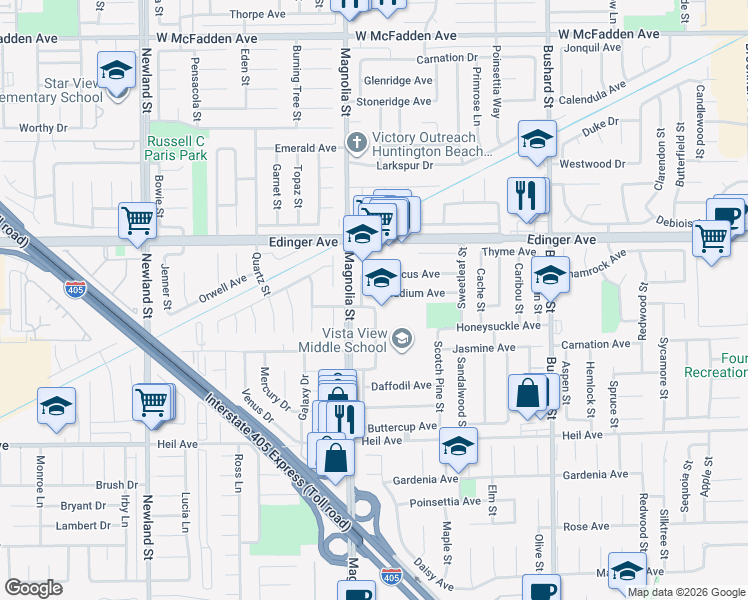 map of restaurants, bars, coffee shops, grocery stores, and more near 9062 Caladium Avenue in Fountain Valley