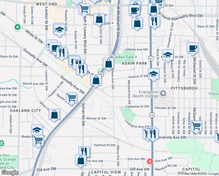 map of restaurants, bars, coffee shops, grocery stores, and more near 1007 Allene Avenue Southwest in Atlanta