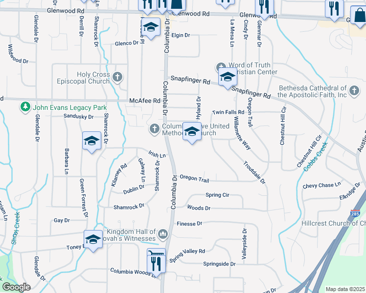 map of restaurants, bars, coffee shops, grocery stores, and more near 2106 Columbia Drive in Decatur