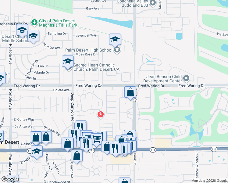 map of restaurants, bars, coffee shops, grocery stores, and more near 74947 Jasmine Way in Indian Wells