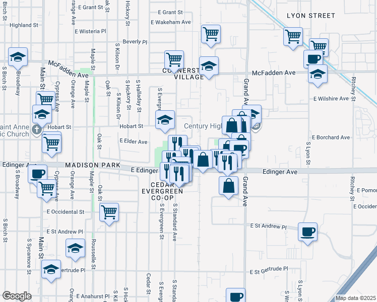 map of restaurants, bars, coffee shops, grocery stores, and more near 1527 South Standard Avenue in Santa Ana