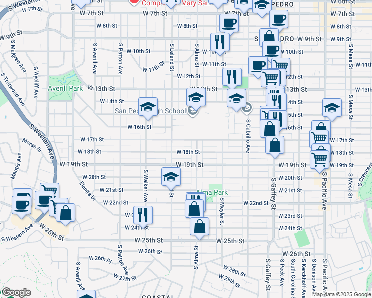 map of restaurants, bars, coffee shops, grocery stores, and more near 1040 West 18th Street in Los Angeles