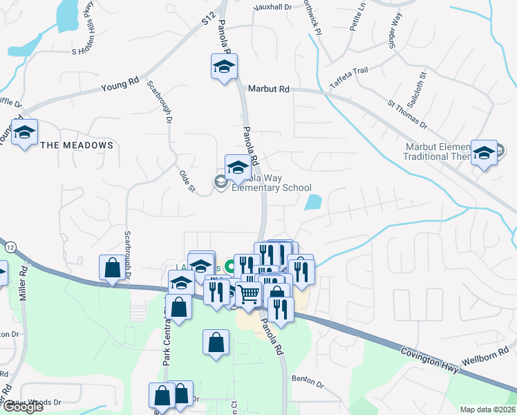 map of restaurants, bars, coffee shops, grocery stores, and more near 5450 Gadwell Circle in Lithonia