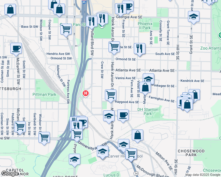 map of restaurants, bars, coffee shops, grocery stores, and more near 969 Hank Aaron Drive Southwest in Atlanta