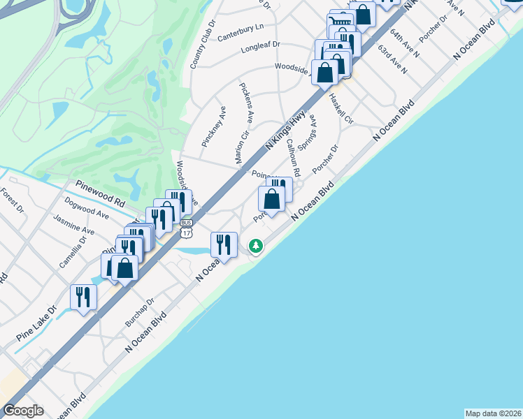 map of restaurants, bars, coffee shops, grocery stores, and more near 114 North Ocean Boulevard in Myrtle Beach