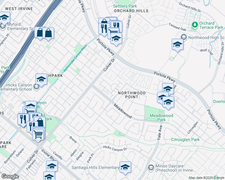 map of restaurants, bars, coffee shops, grocery stores, and more near 161 Islington in Irvine