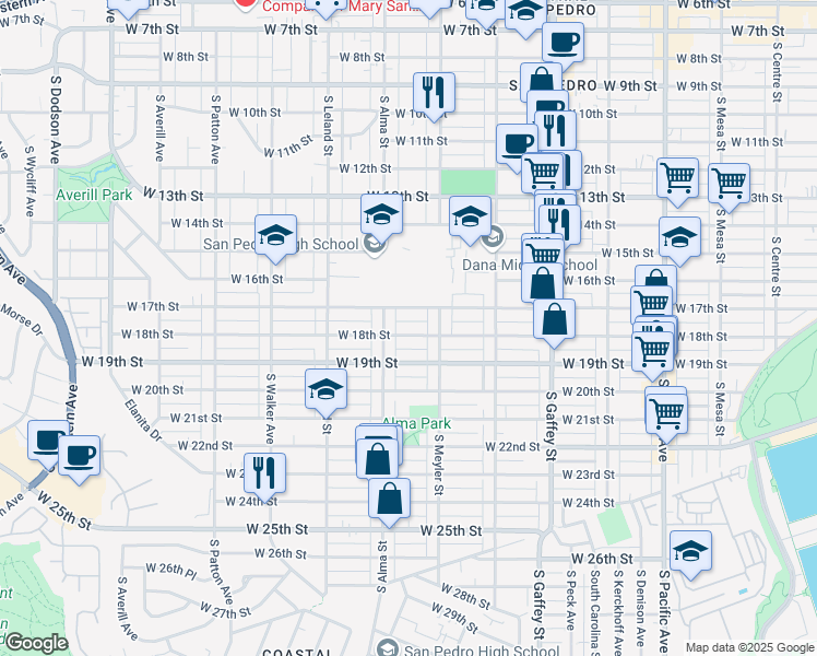 map of restaurants, bars, coffee shops, grocery stores, and more near 952 West 18th Street in Los Angeles