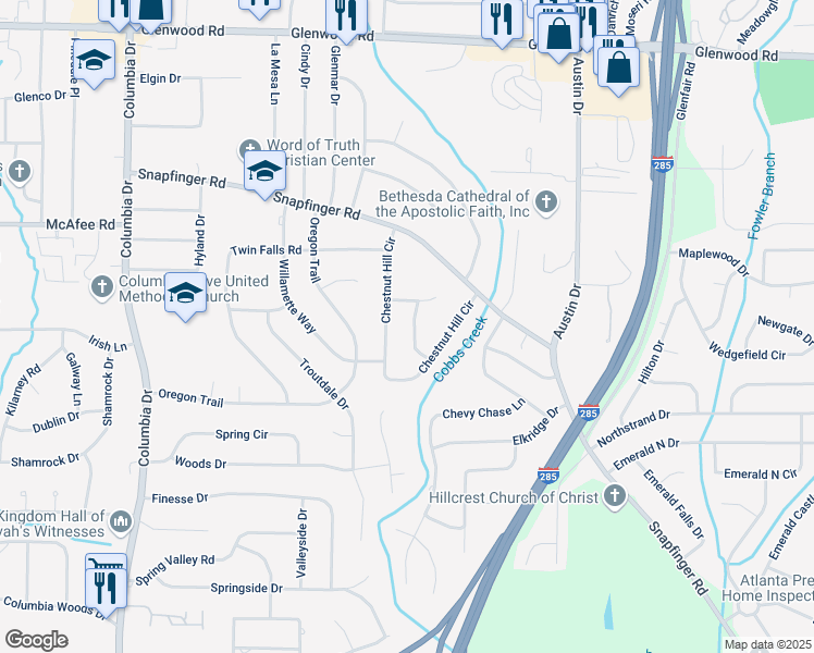 map of restaurants, bars, coffee shops, grocery stores, and more near 2105 Royal Fox Way in Decatur