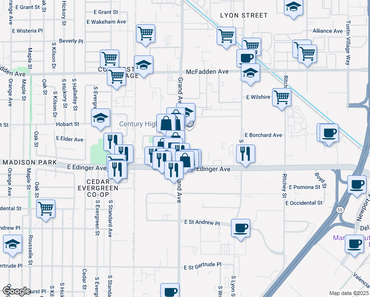 map of restaurants, bars, coffee shops, grocery stores, and more near 1540 S Grand Ave in Santa Ana