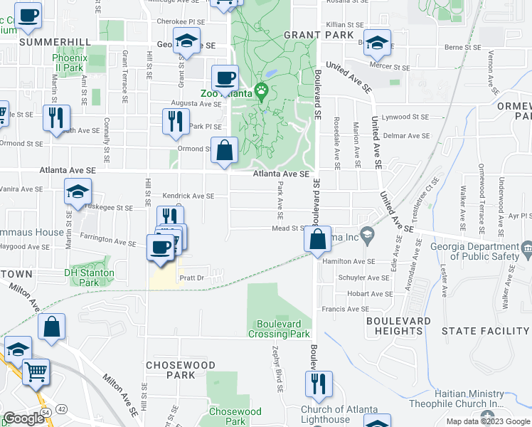 map of restaurants, bars, coffee shops, grocery stores, and more near 493 Robinson Avenue Southeast in Atlanta