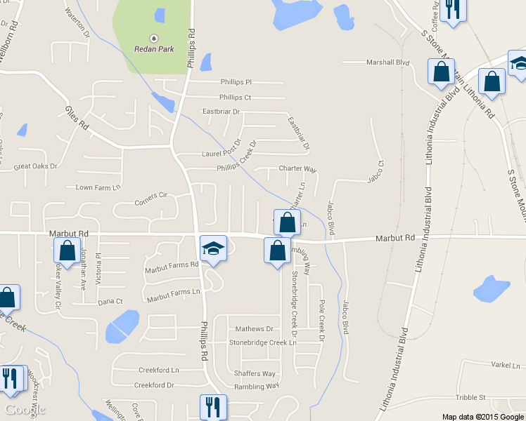 map of restaurants, bars, coffee shops, grocery stores, and more near 2080 Bedford Court in Lithonia