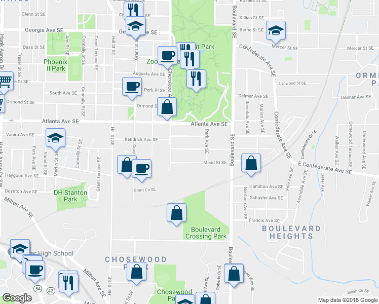 map of restaurants, bars, coffee shops, grocery stores, and more near 471 Robinson Avenue Southeast in Atlanta