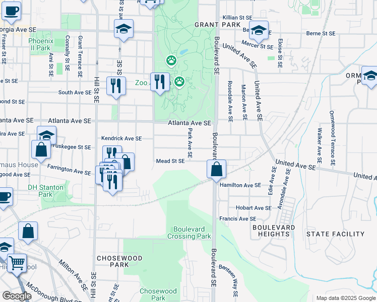 map of restaurants, bars, coffee shops, grocery stores, and more near 511 Robinson Avenue Southeast in Atlanta