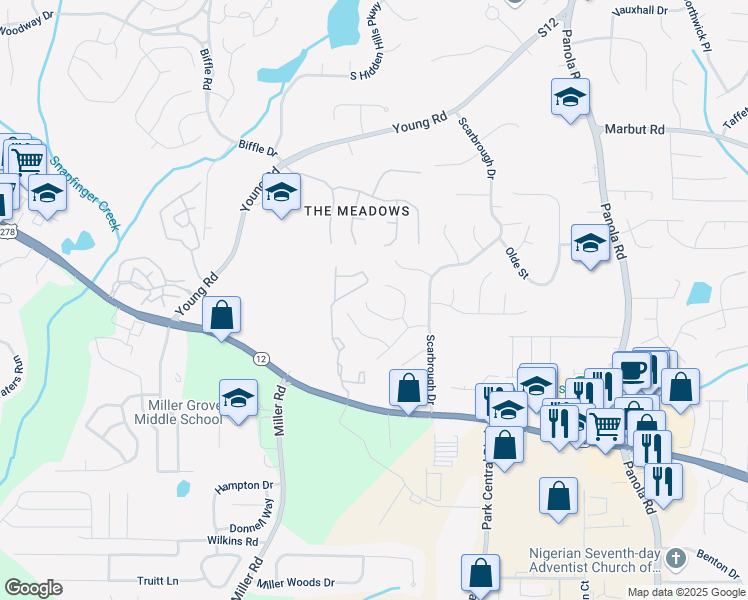 map of restaurants, bars, coffee shops, grocery stores, and more near 5167 West Scarbrough Trail in Stone Mountain