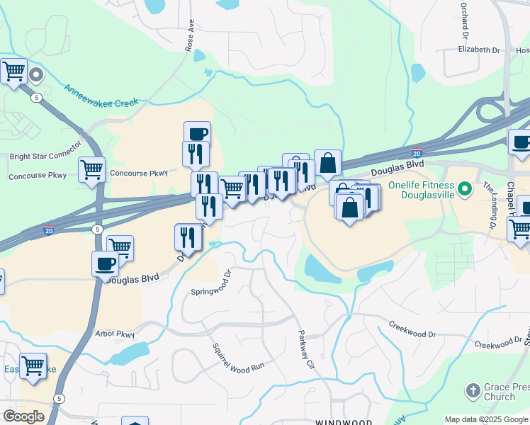 map of restaurants, bars, coffee shops, grocery stores, and more near 6804 Parkway Drive in Douglasville