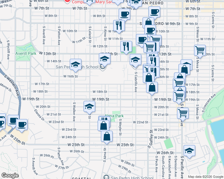 map of restaurants, bars, coffee shops, grocery stores, and more near 952 West 18th Street in Los Angeles