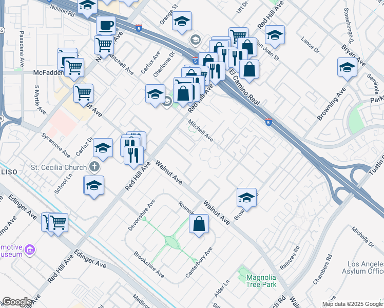map of restaurants, bars, coffee shops, grocery stores, and more near 1671 Copperfield Drive in Tustin