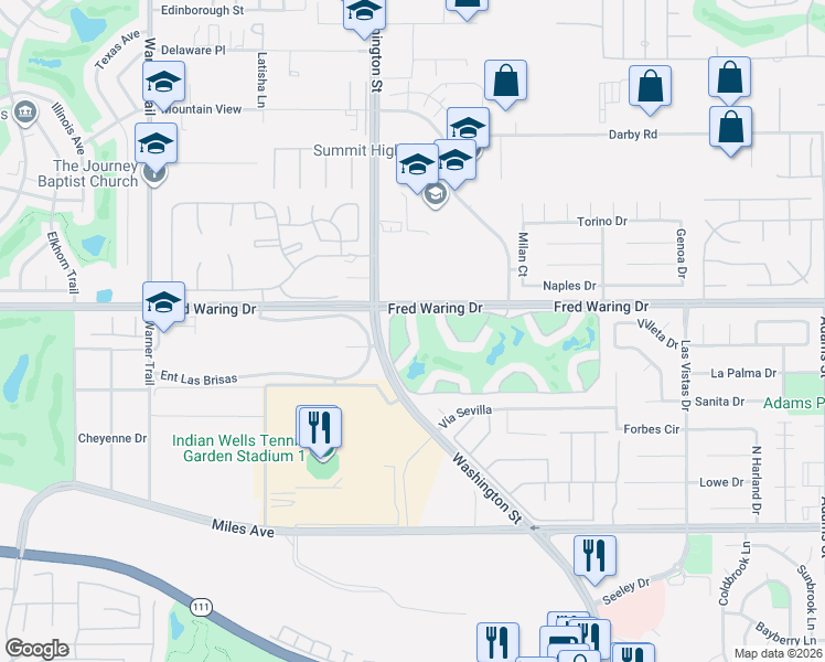 map of restaurants, bars, coffee shops, grocery stores, and more near 78099 Cobalt Court in La Quinta