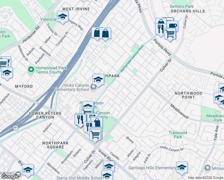 map of restaurants, bars, coffee shops, grocery stores, and more near 54 Dinuba in Irvine