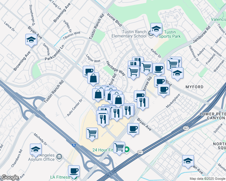 map of restaurants, bars, coffee shops, grocery stores, and more near 2777 Bryan Avenue in Tustin