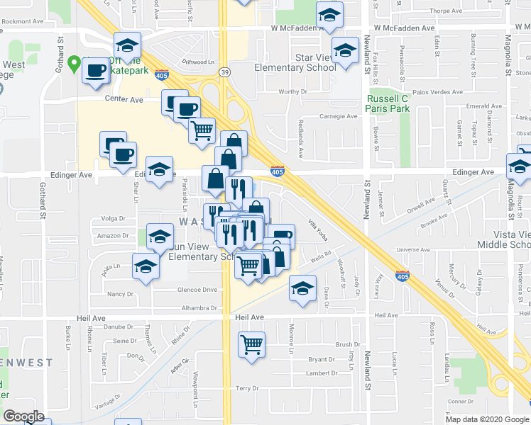 map of restaurants, bars, coffee shops, grocery stores, and more near 16171 Malaga Lane in Huntington Beach