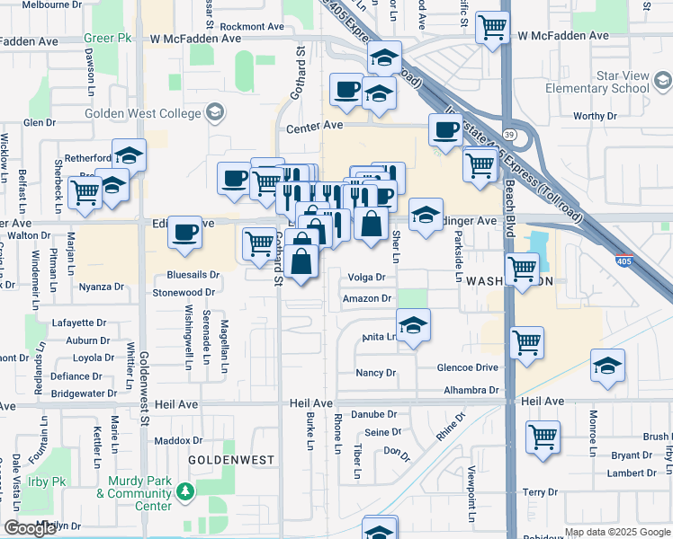 map of restaurants, bars, coffee shops, grocery stores, and more near 16171 Ganges Lane in Huntington Beach