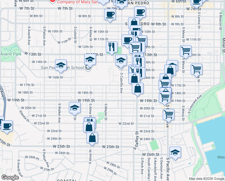 map of restaurants, bars, coffee shops, grocery stores, and more near 859 West 18th Street in Los Angeles
