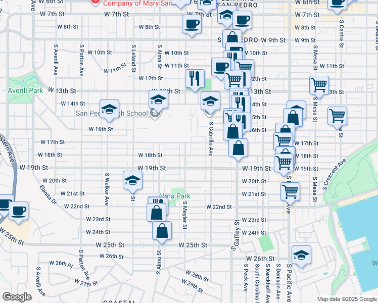 map of restaurants, bars, coffee shops, grocery stores, and more near 859 West 18th Street in Los Angeles