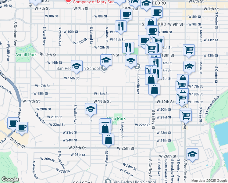 map of restaurants, bars, coffee shops, grocery stores, and more near 921 West 18th Street in Los Angeles