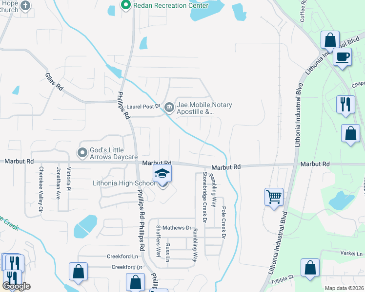 map of restaurants, bars, coffee shops, grocery stores, and more near 2080 Bedford Court in Lithonia