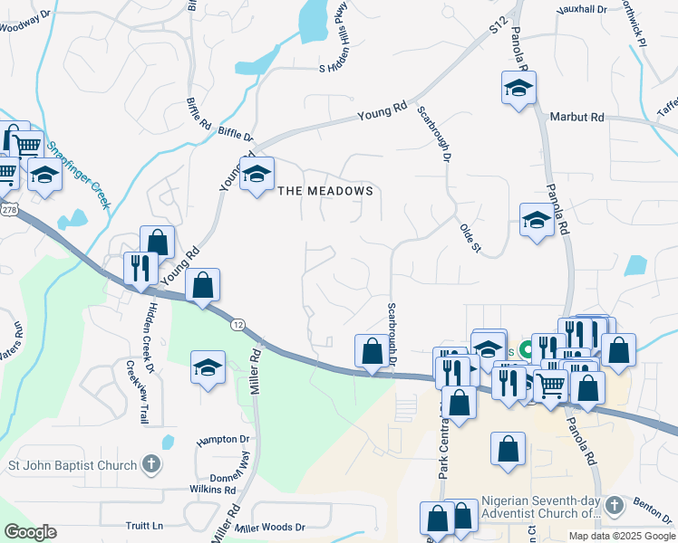 map of restaurants, bars, coffee shops, grocery stores, and more near 2122 Scarbrough Road in Stone Mountain