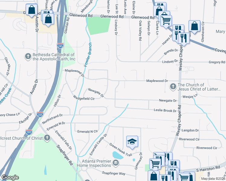 map of restaurants, bars, coffee shops, grocery stores, and more near 2259 Newgate Drive in Decatur