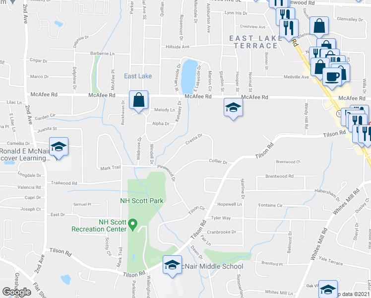 map of restaurants, bars, coffee shops, grocery stores, and more near 2307 Cresta Drive in Decatur
