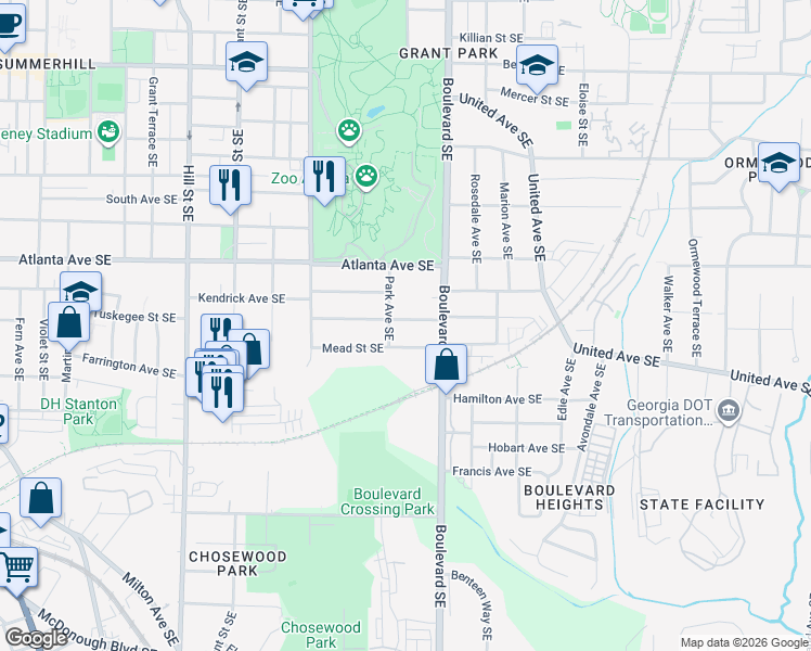 map of restaurants, bars, coffee shops, grocery stores, and more near 515 Mead Street Southeast in Atlanta