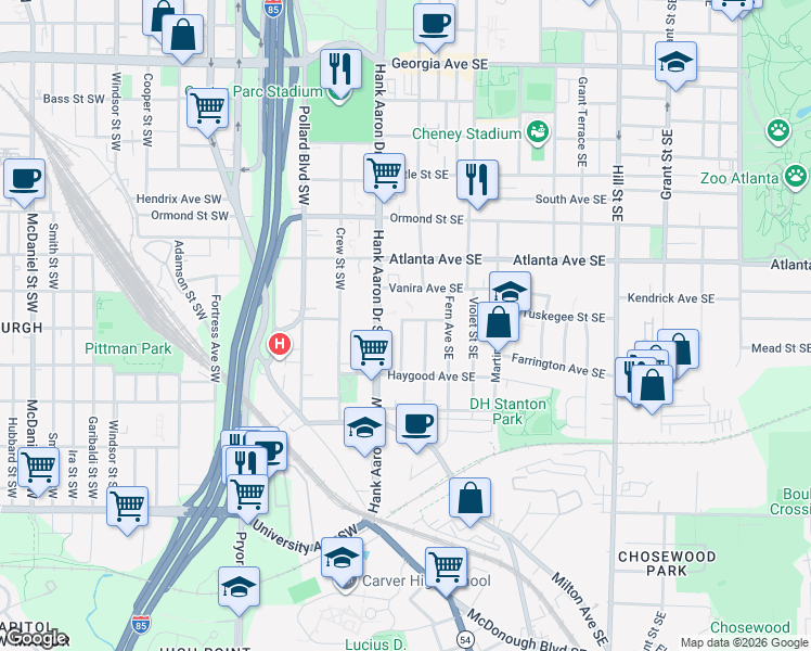 map of restaurants, bars, coffee shops, grocery stores, and more near 966 Dunning Street Southeast in Atlanta