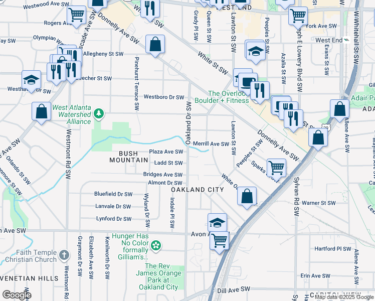 map of restaurants, bars, coffee shops, grocery stores, and more near 1009 Oakland Drive Southwest in Atlanta