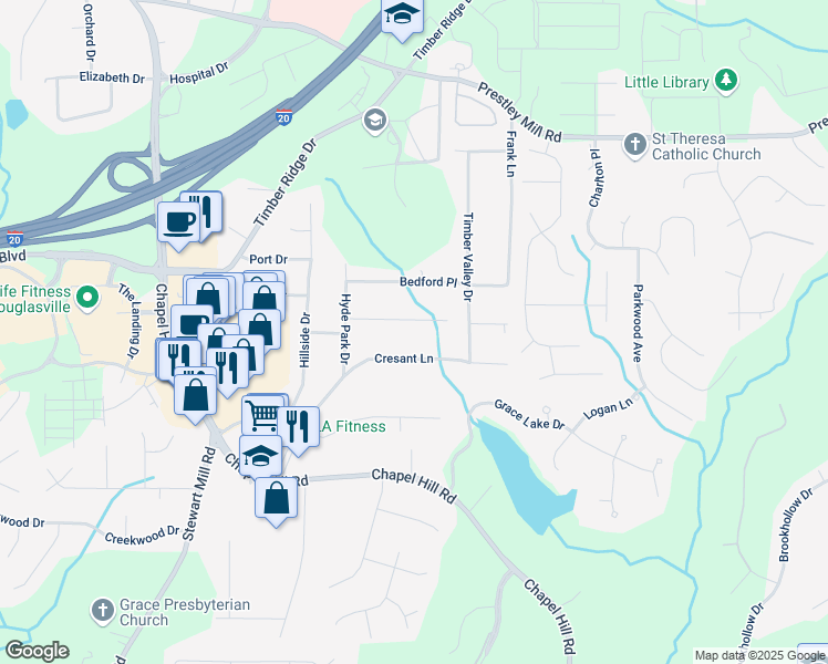 map of restaurants, bars, coffee shops, grocery stores, and more near 4642 Elmherst Drive in Douglasville