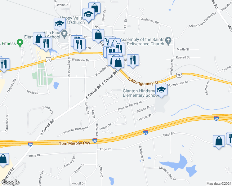 map of restaurants, bars, coffee shops, grocery stores, and more near 209 East Wilson Street in Villa Rica
