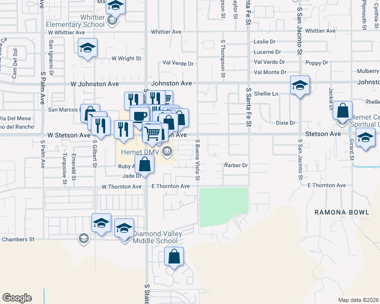 map of restaurants, bars, coffee shops, grocery stores, and more near 438 Gardenia Circle in Hemet